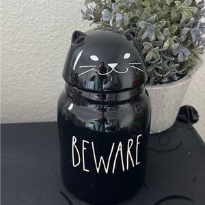 RAE DUNN ‘ BEWARE’  Cat Head Topper Small Canister/Black & White ~NEW